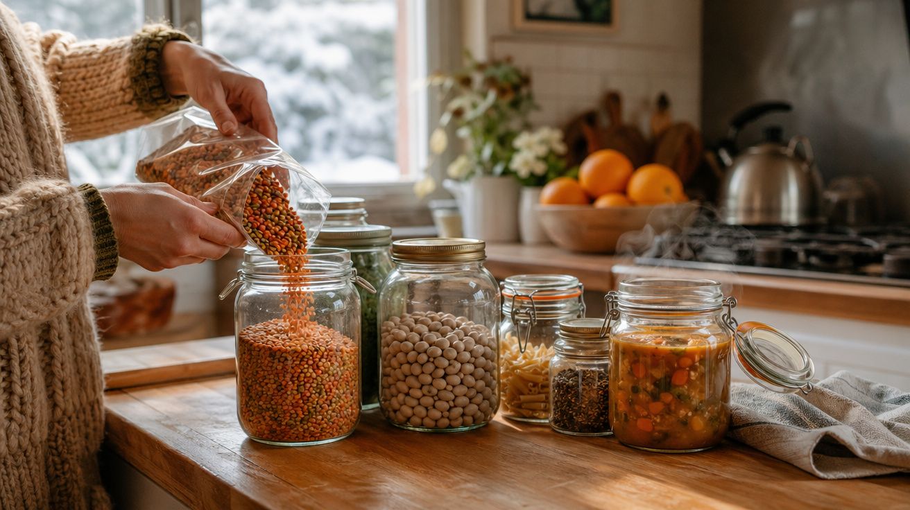 Mãos a colocar lentilhas em frasco de vidro numa cozinha com vários frascos de legumes e marmita.