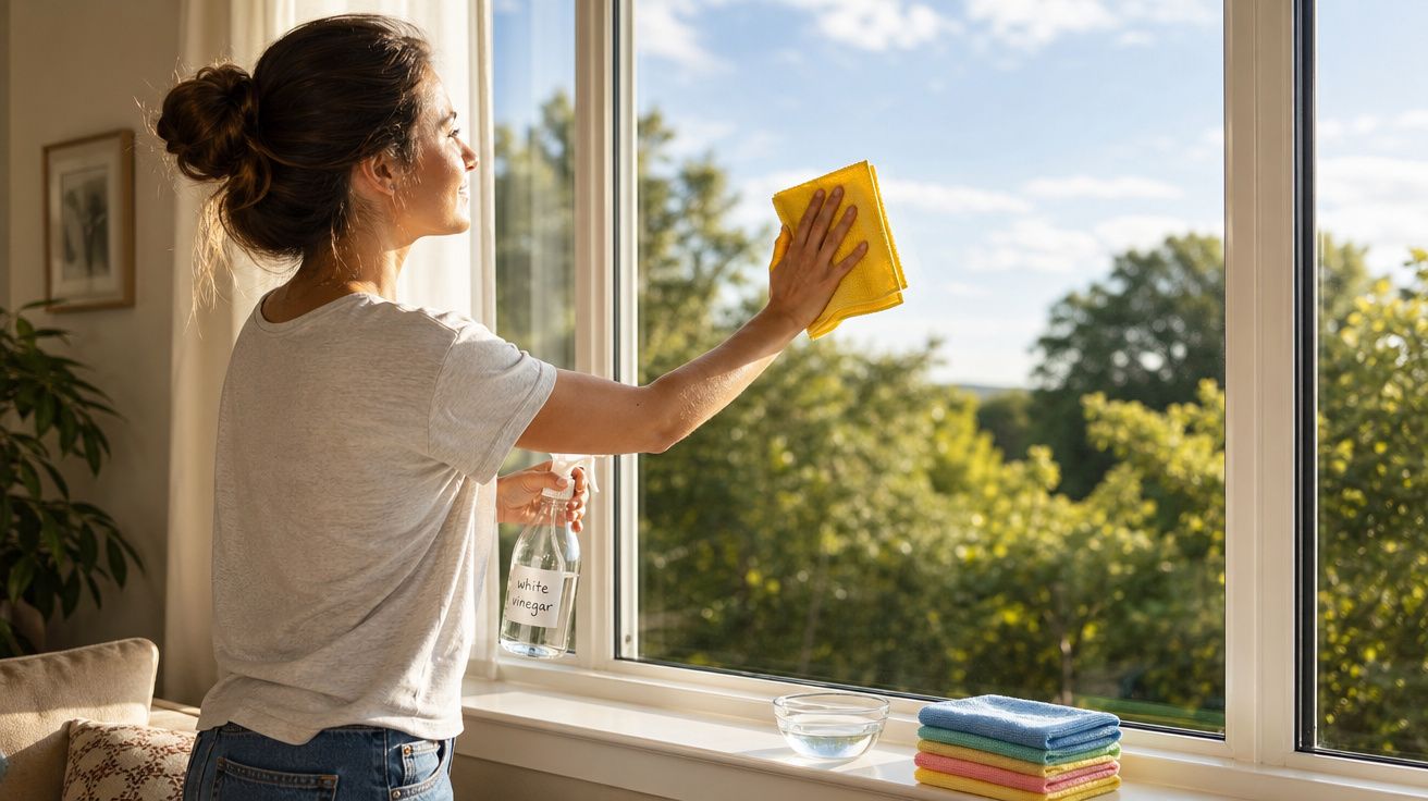 Mulher a limpar uma janela com pano amarelo, segurando garrafa de vinagre branco, luz natural entra na sala.