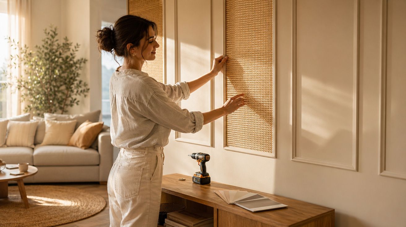 Mulher a fazer bricolage, a instalar painel decorativo numa parede numa sala iluminada e acolhedora.