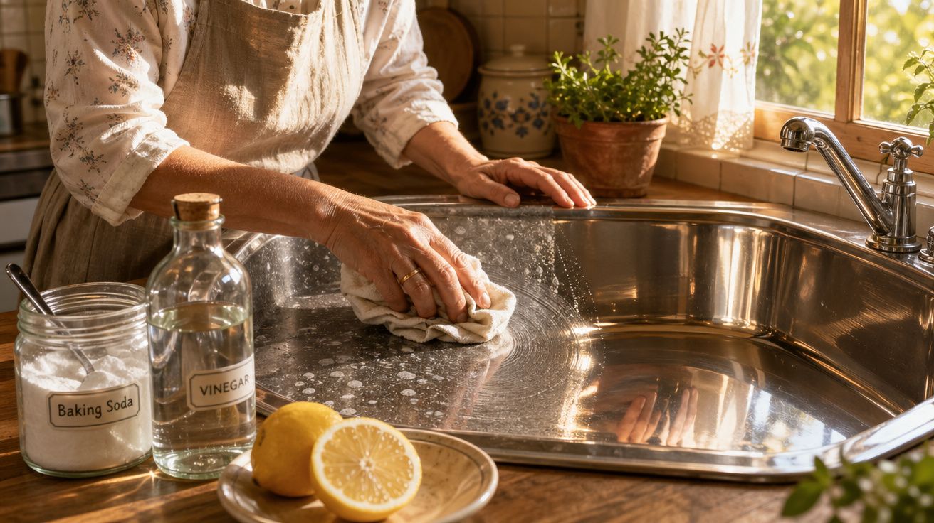 Pessoa a limpar pia de cozinha em inox com produto caseiro de bicarbonato, vinagre e limão.