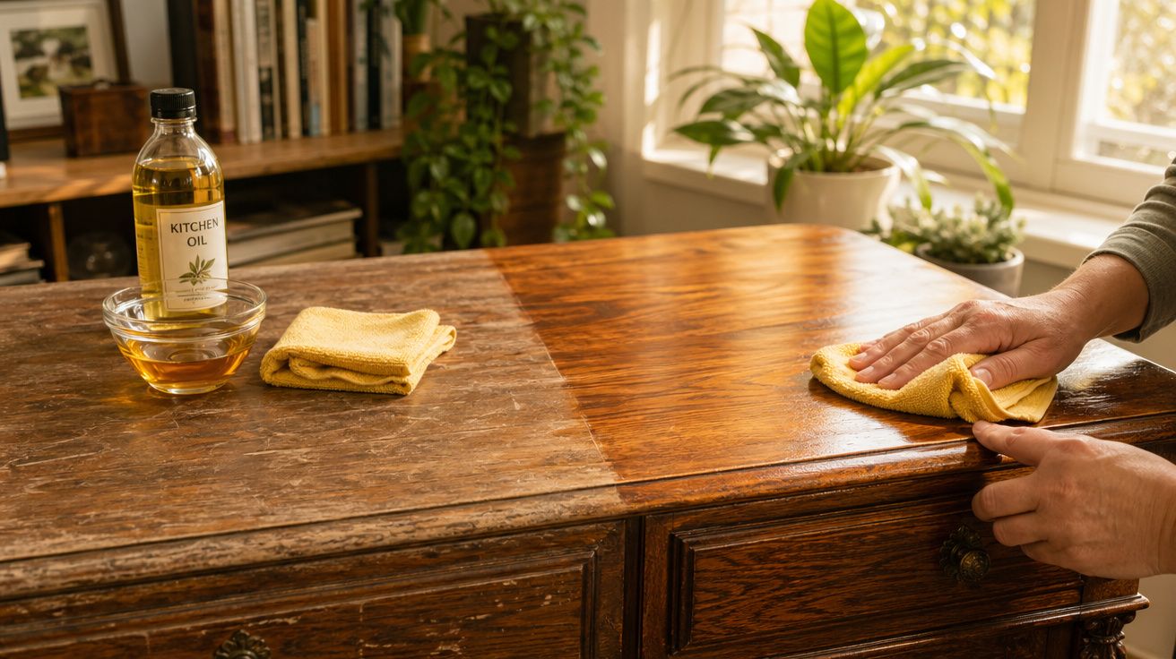 Pessoa a limpar e restaurar a superfície de madeira de uma mesa antiga com óleo de cozinha e pano amarelo.