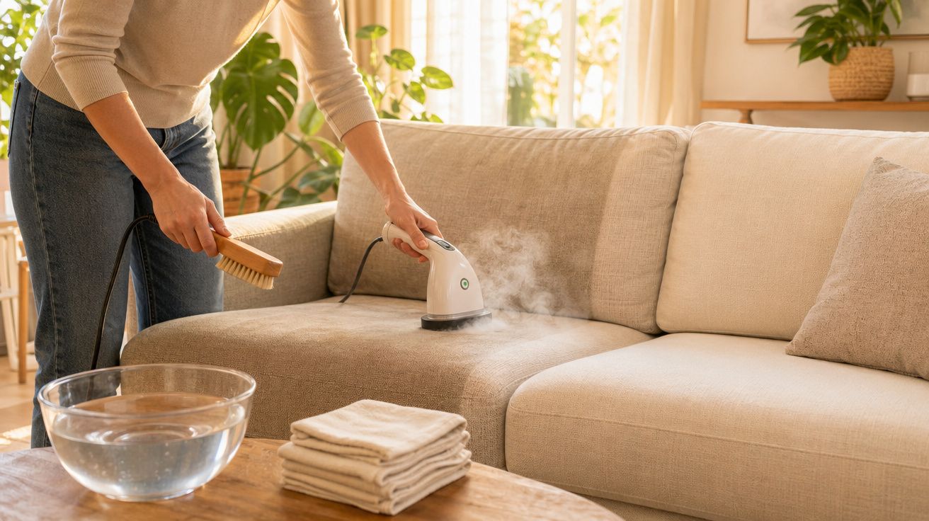 Pessoa a limpar sofá bege com vaporizador de mão, com escova e recipiente de água numa sala iluminada.