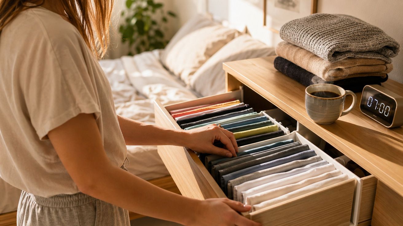 Pessoa a organizar roupas dobradas numa gaveta de madeira num quarto acolhedor com cama ao fundo.