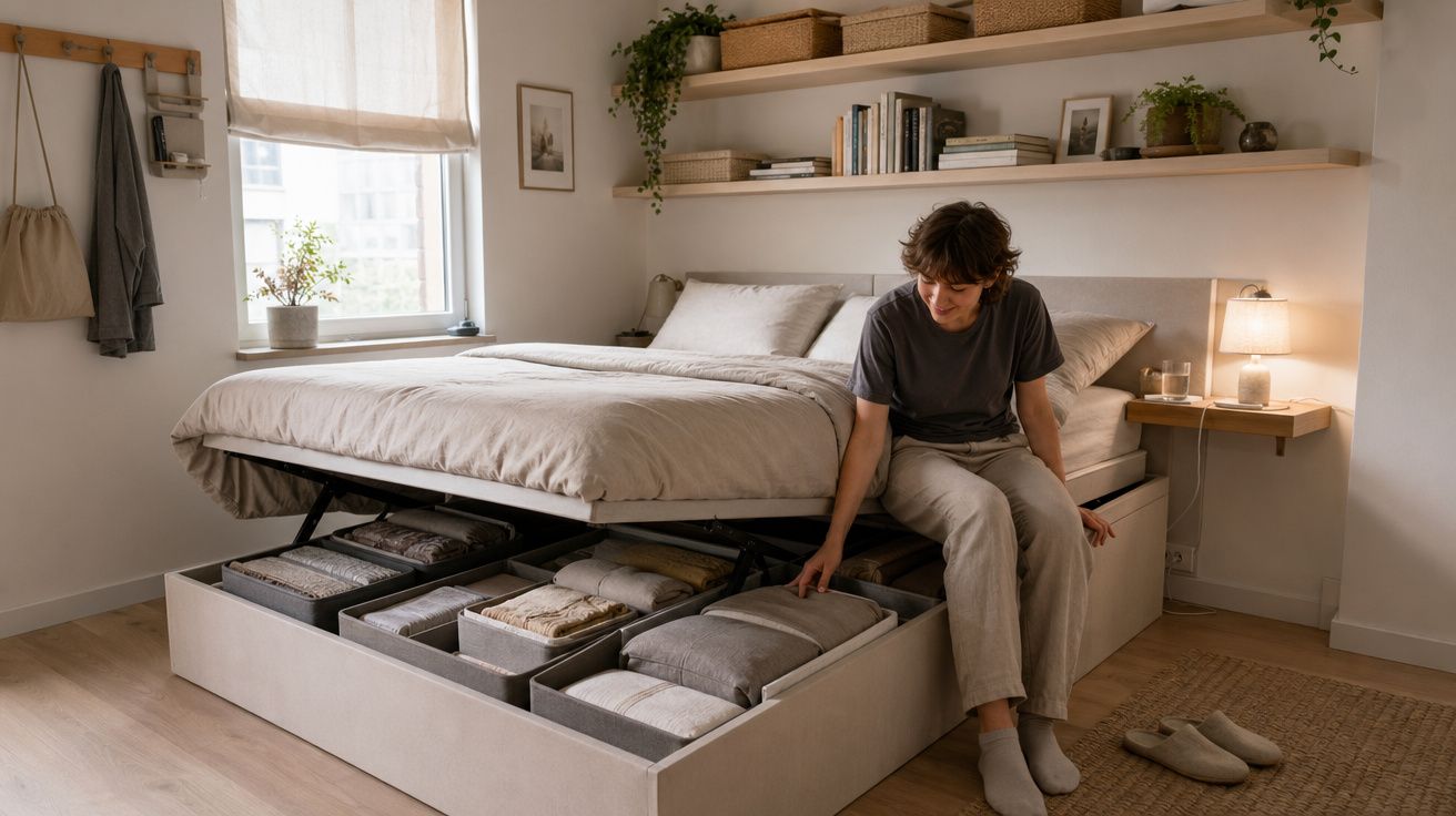 Pessoa sentada numa cama com arrumação sob o colchão, quarto organizado e decorado com plantas e estantes.
