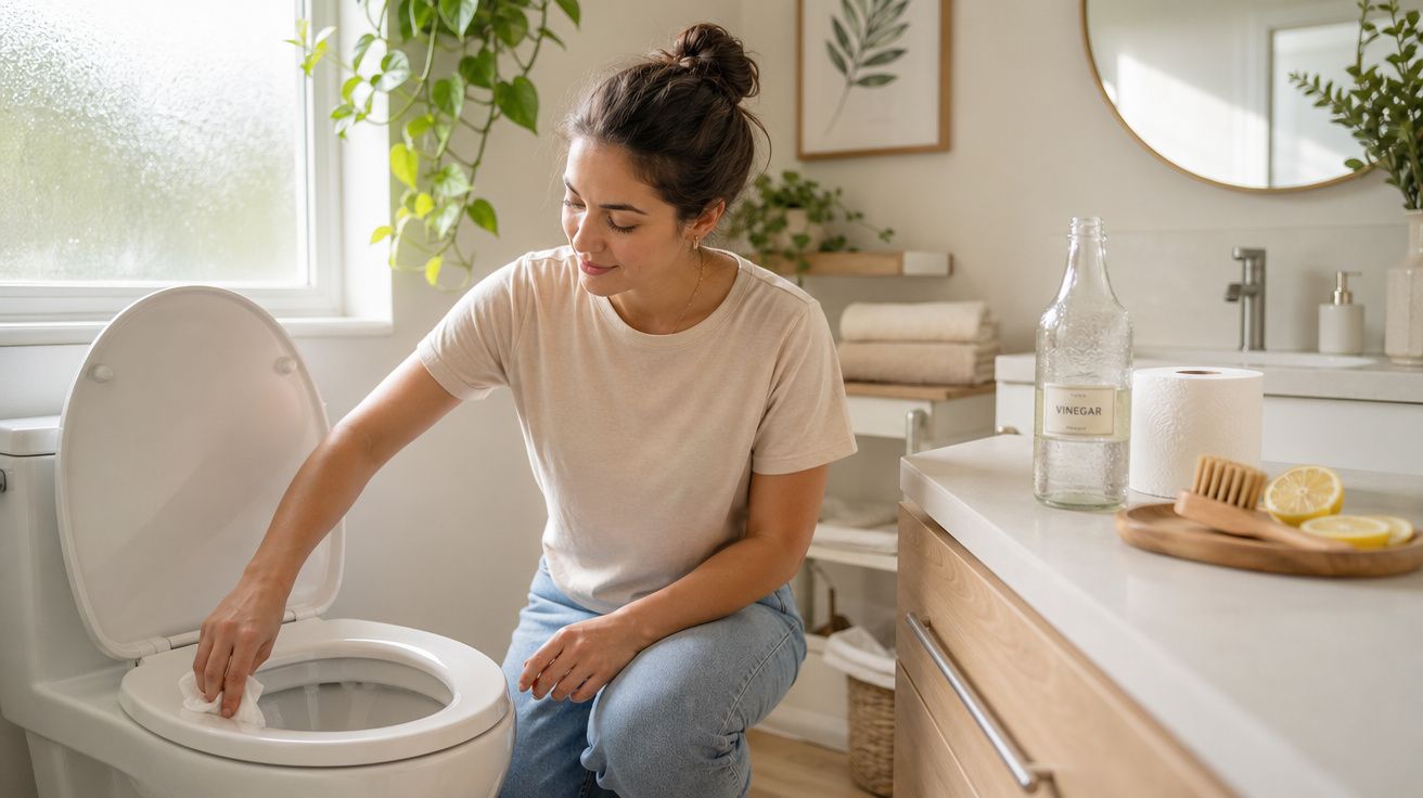 Mulher a limpar a sanita de casa de banho luminosa com produtos naturais como vinagre e limão.