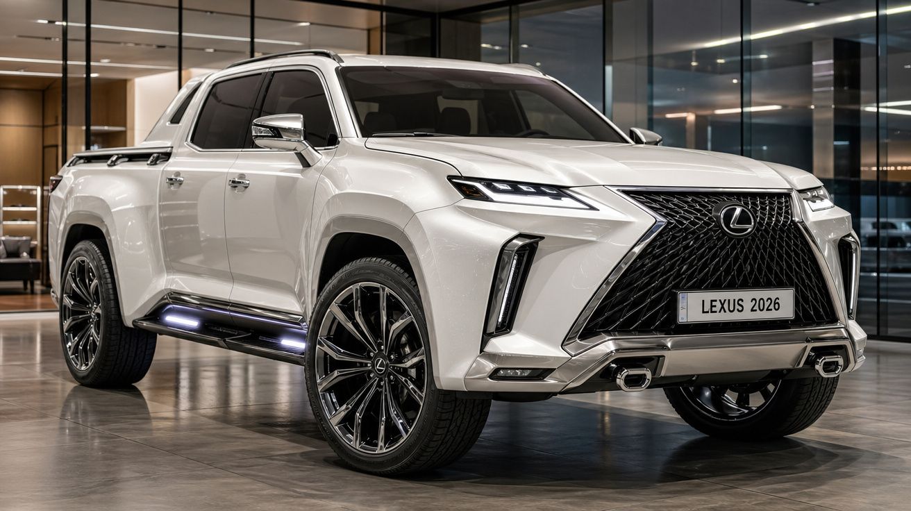 Pick-up Lexus 2026 branca, moderna, estacionada em showroom com detalhes em cromado e faróis LED.