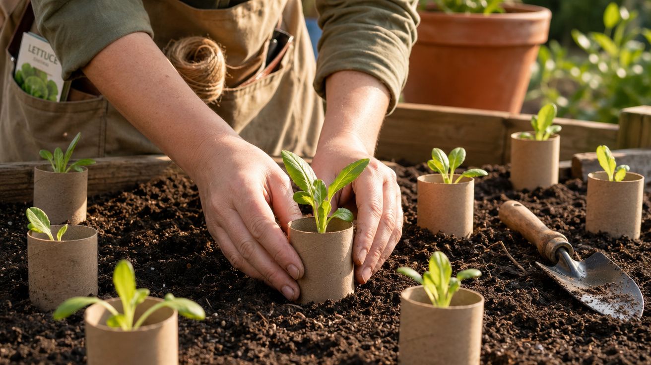 Mãos a transplantar pequenas plantas em vasos biodegradáveis no solo de um jardim.