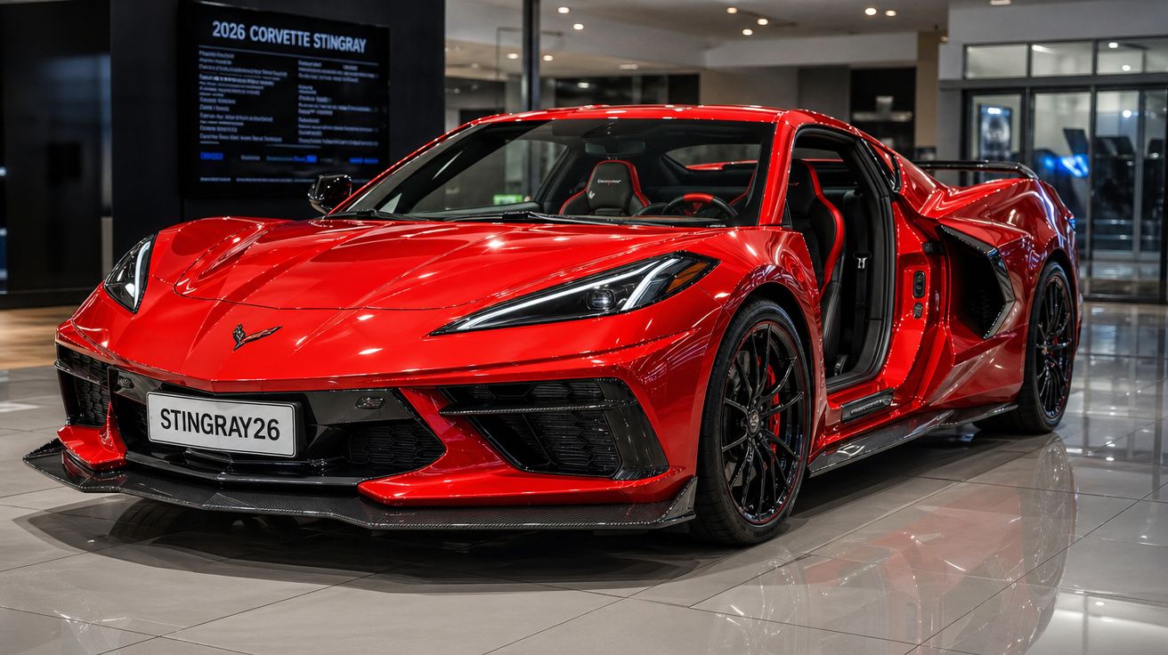 Carro desportivo vermelho Corvette Stingray 2026 com porta aberta, exposto numa sala moderna.