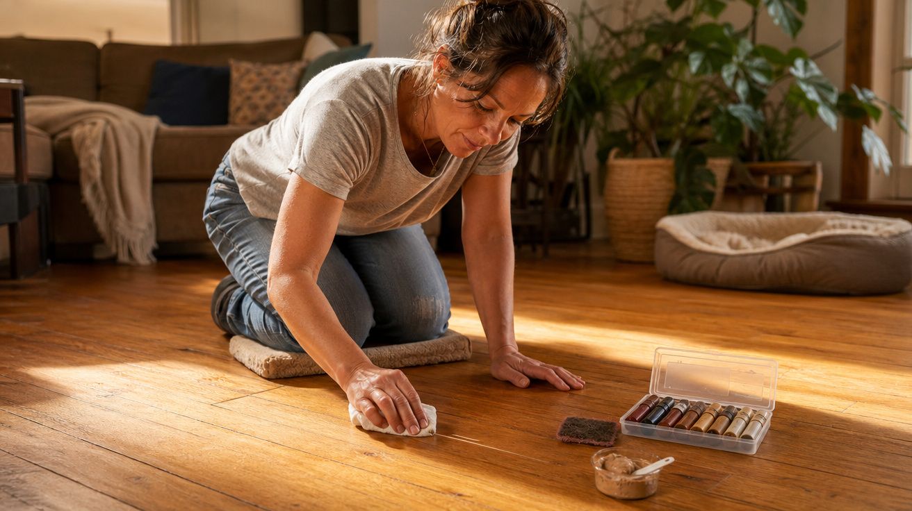 Mulher a restaurar e limpar o chão de madeira num ambiente acolhedor e iluminado pela luz natural.