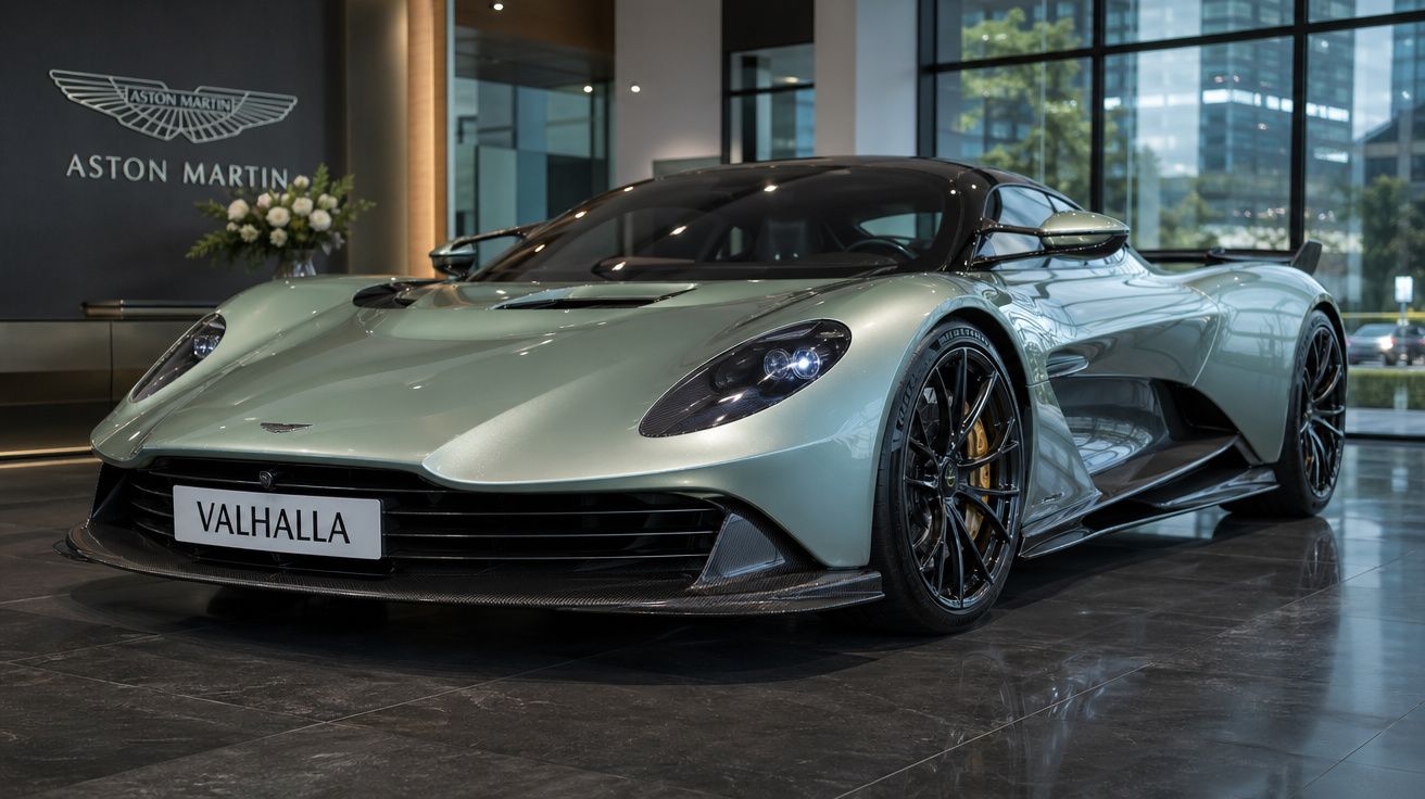 Carro desportivo Aston Martin Valhalla verde metálico exposto em salão com grandes janelas e logotipo ao fundo.