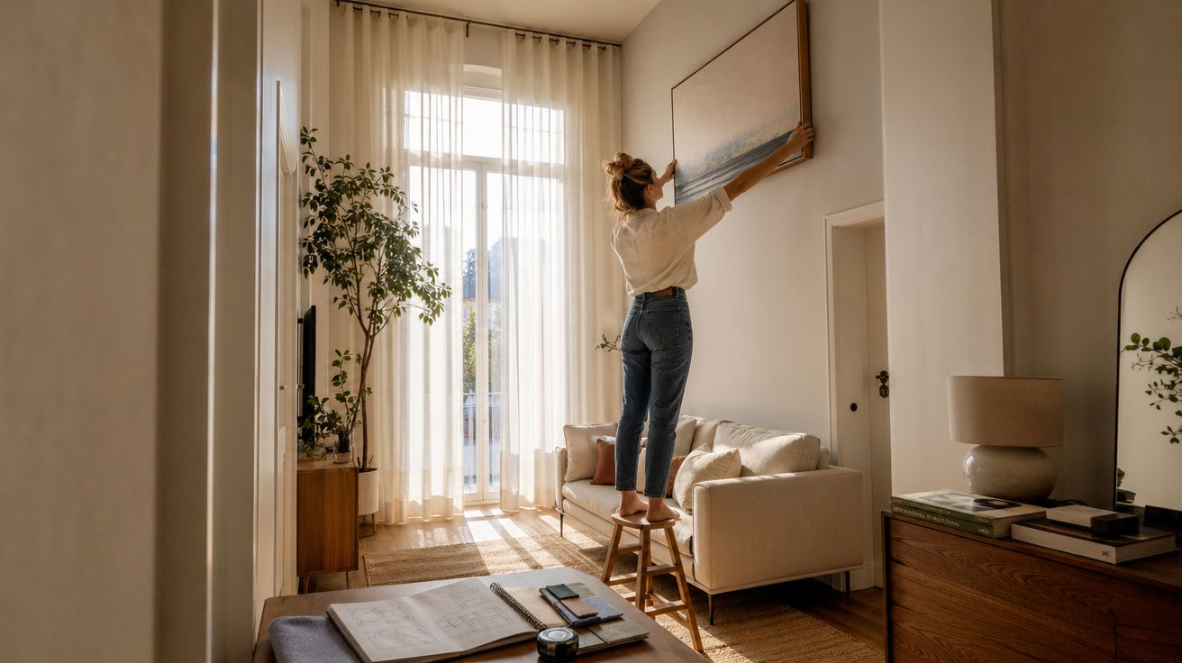 Mulher a pendurar um quadro numa sala iluminada com sofá, cadeira, planta e móveis de madeira.