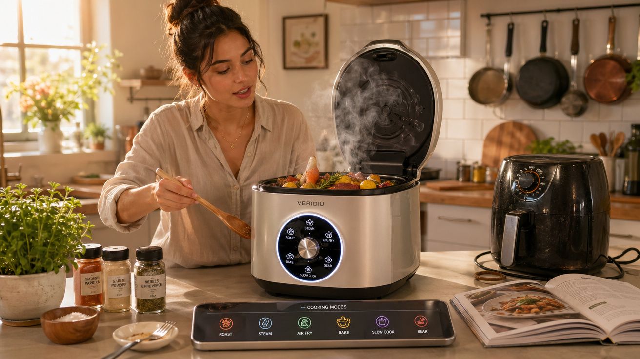 Mulher a cozinhar com panela elétrica Veridiu numa cozinha moderna e luminosa.