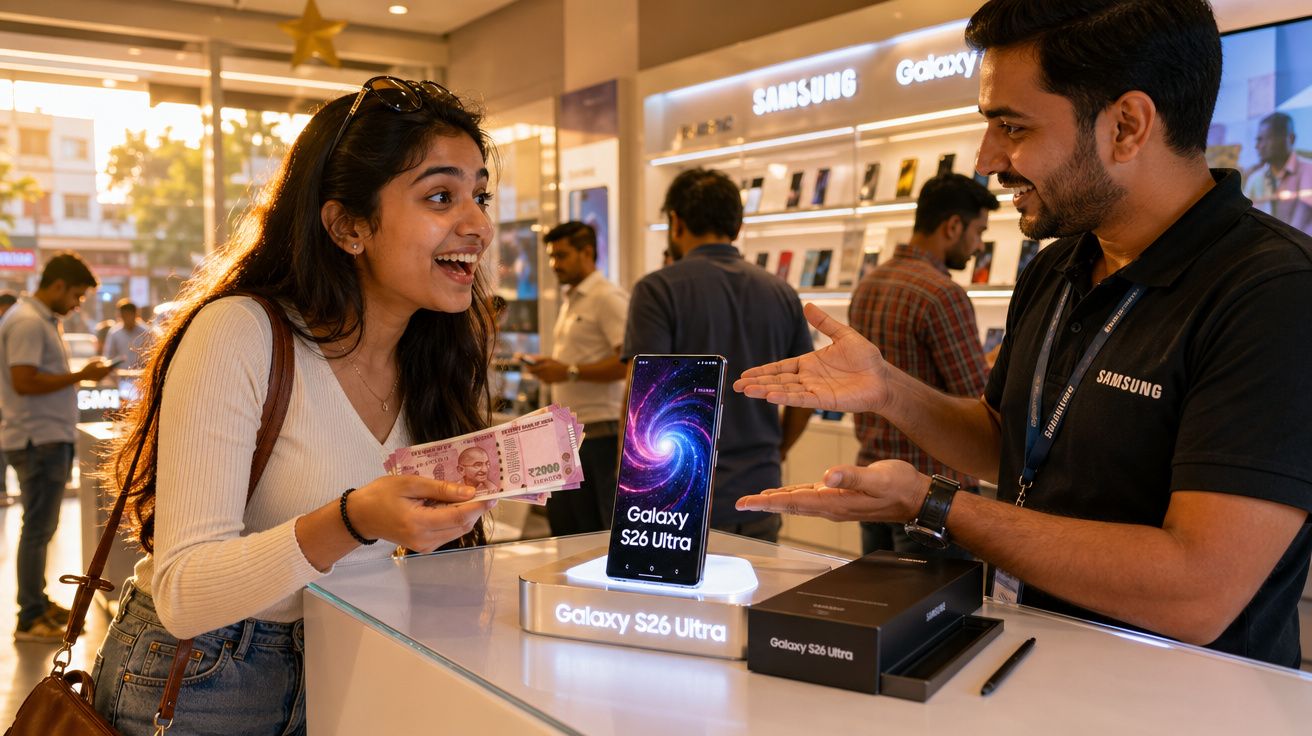 Mulher satisfeito a comprar Samsung Galaxy S26 Ultra numa loja com vendedor a apresentar o telemóvel.