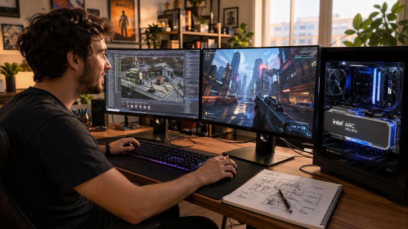 Homem a trabalhar em modelação e videojogo num computador com dois ecrãs e torre de PC Intel ARC PRO 870.