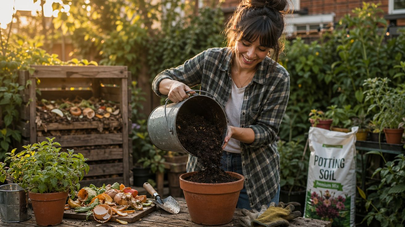 Mulher feliz a colocar terra num vaso de barro num jardim com composto orgânico e plantas ao redor.