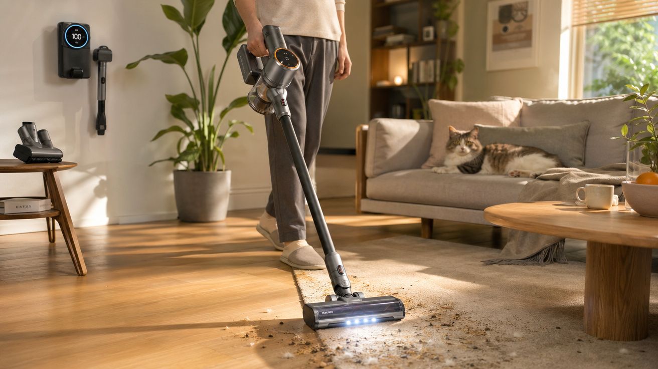 Pessoa a aspirar chão com aspirador sem fios num ambiente doméstico com gato no sofá e luz natural.