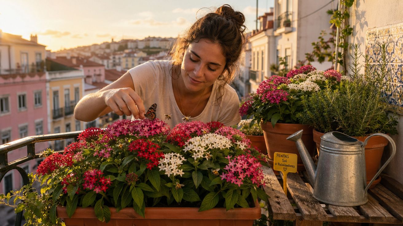 Mulher a cuidar de flores coloridas numa varanda ensolarada com regador e painel de azulejos ao fundo.