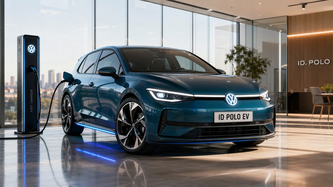 Carro elétrico Volkswagen ID. Polo EV a carregar numa estação de carregamento rápida dentro de uma sala moderna.