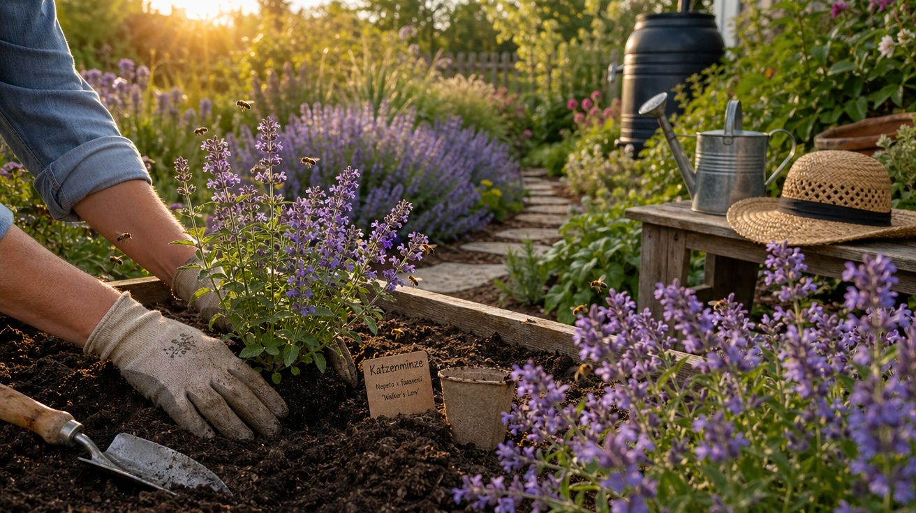 Pessoa a plantar planta aromática Kateminze num canteiro de solo fértil ao entardecer no jardim.