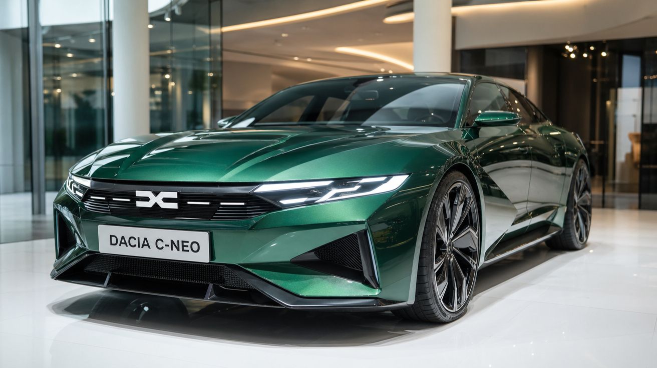 Carro desportivo elétrico verde metálico Dacia C-Neo exibido num showroom moderno.