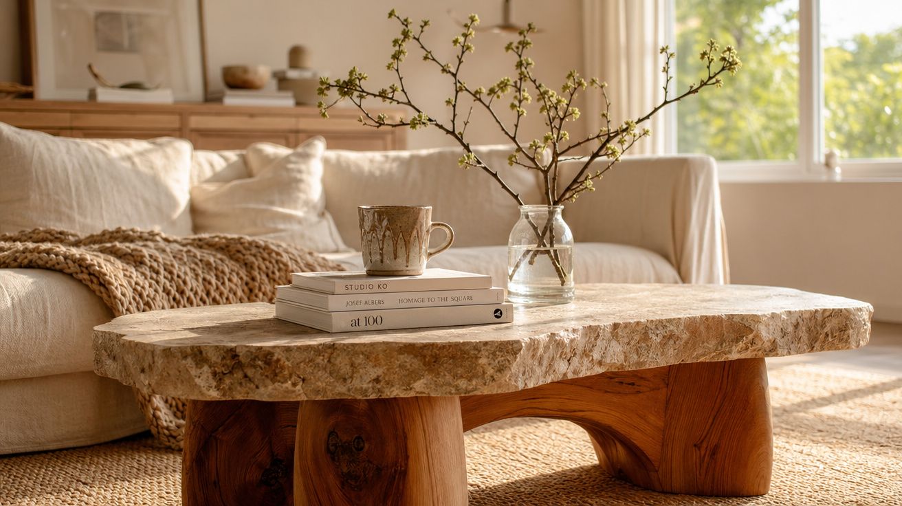 Mesa de centro rústica com vaso de flores, livros e caneca, à frente de sofá claro numa sala luminosa.