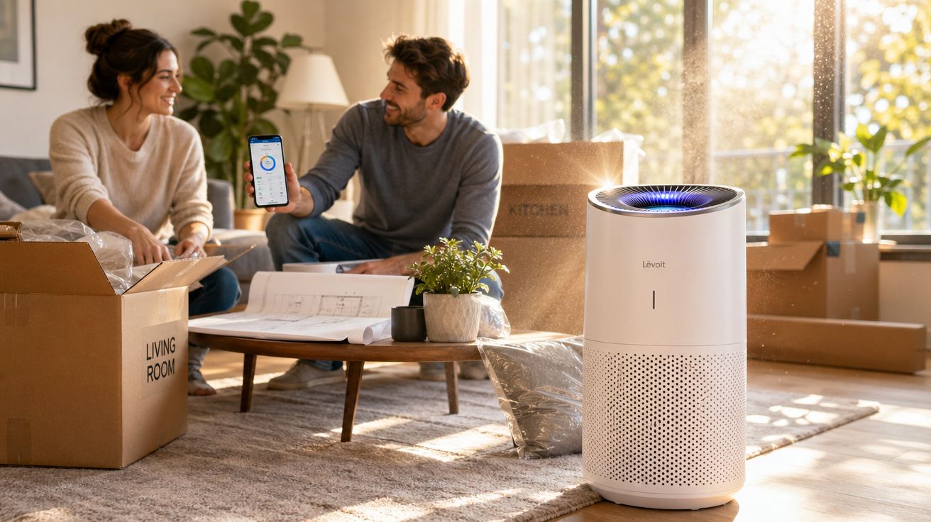 Casal feliz a fazer mudanças com purificador de ar branco e caixas de cartão na sala iluminada.