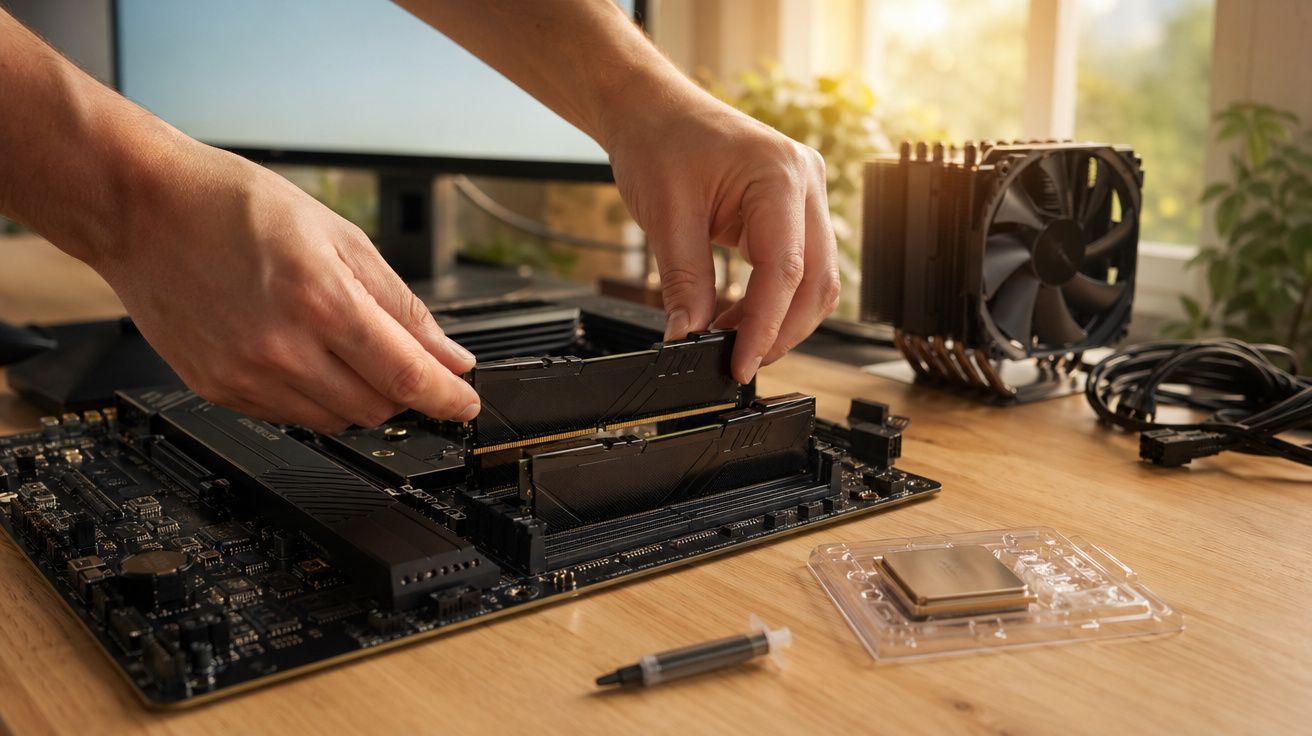Mãos a instalar memória RAM numa motherboard sobre uma mesa com componentes de computador.