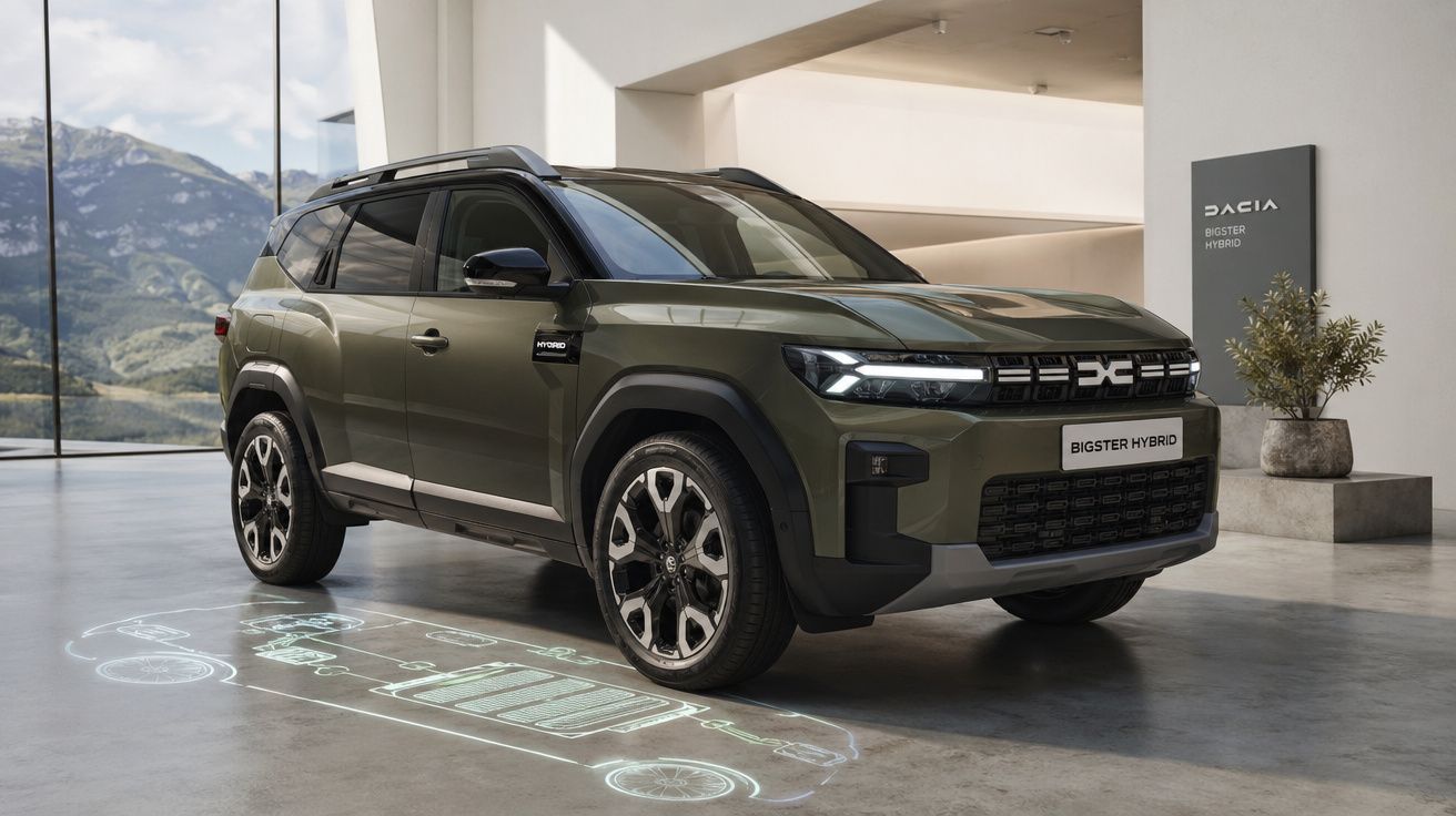 Carro SUV híbrido Dacia Bigster verde estacionado em interior minimalista com montanhas ao fundo.