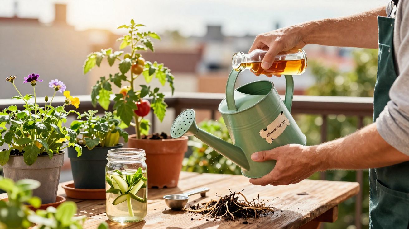 Pessoa a preparar rega para plantas num jardim urbano com regador verde e óleo natural.