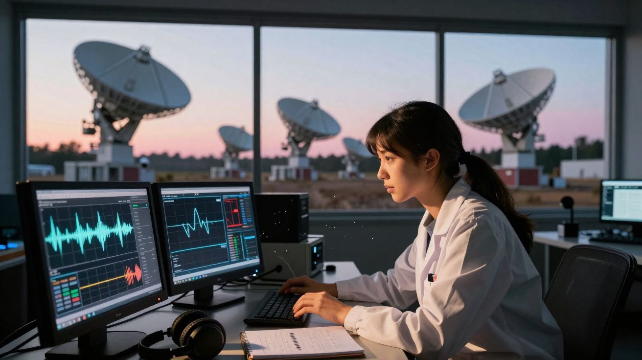 Técnica a analisar dados em vários ecrãs num laboratório perto de antenas parabólicas ao pôr do sol.