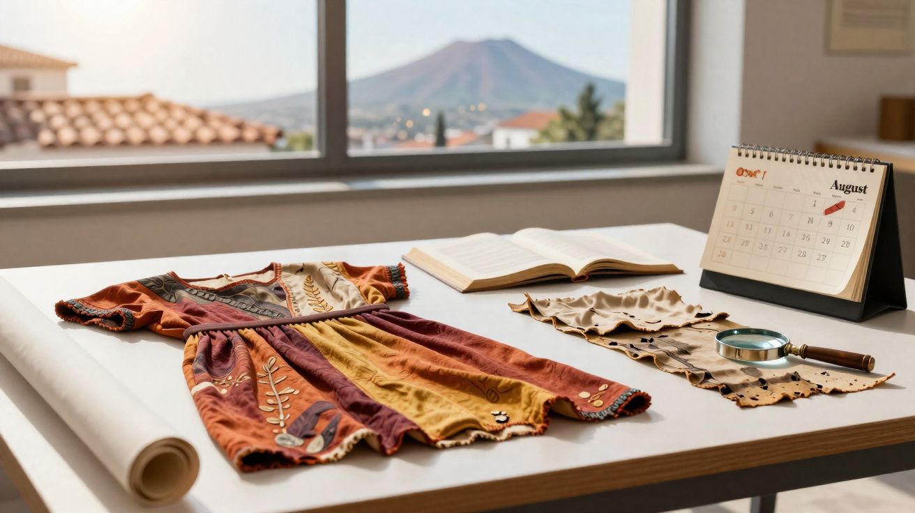 Vestido colorido, folha seca, lupa, livro aberto e calendário em mesa perto de janela com montanha ao fundo.
