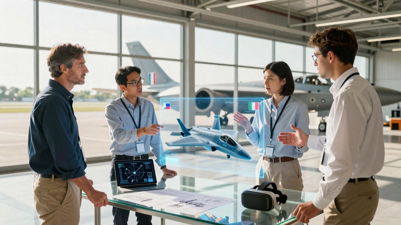 Quatro engenheiros discutem modelo digital de avião em hangar com janelas amplas e aeronaves ao fundo.