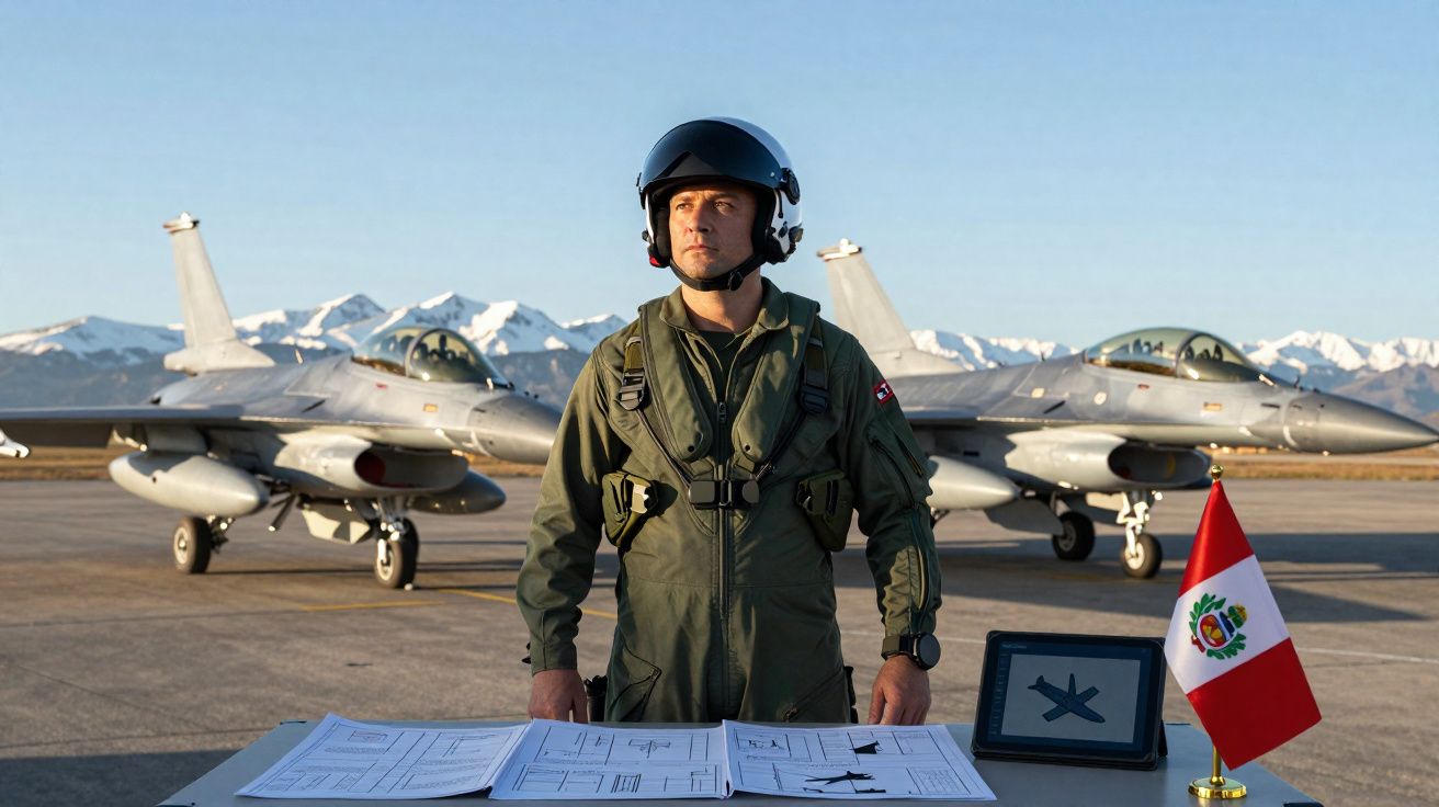 Piloto de caça em fato militar com capacete, ao ar livre, com dois aviões atrás e bandeira do Peru na mesa.