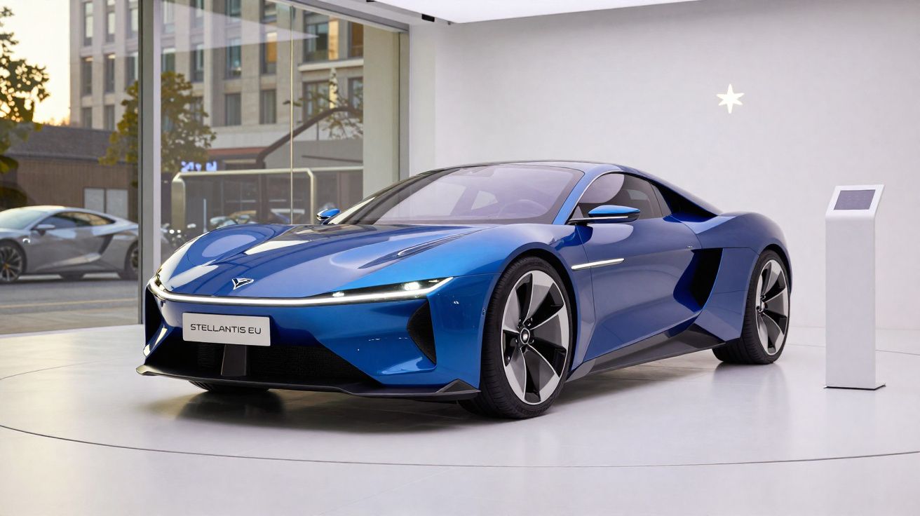 Carro desportivo elétrico azul exposto numa sala moderna e minimalista com painel informativo.