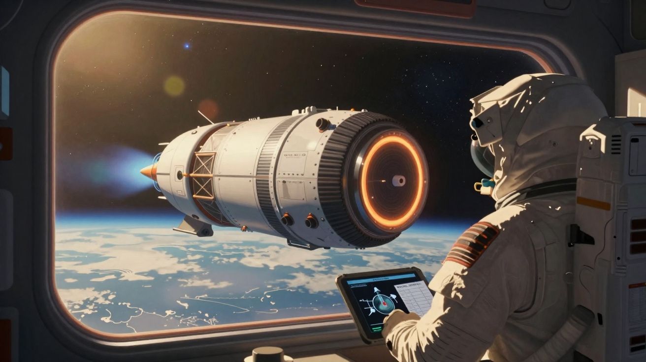 Astronauta observa nave espacial a flutuar no espaço com a Terra ao fundo através de uma janela.