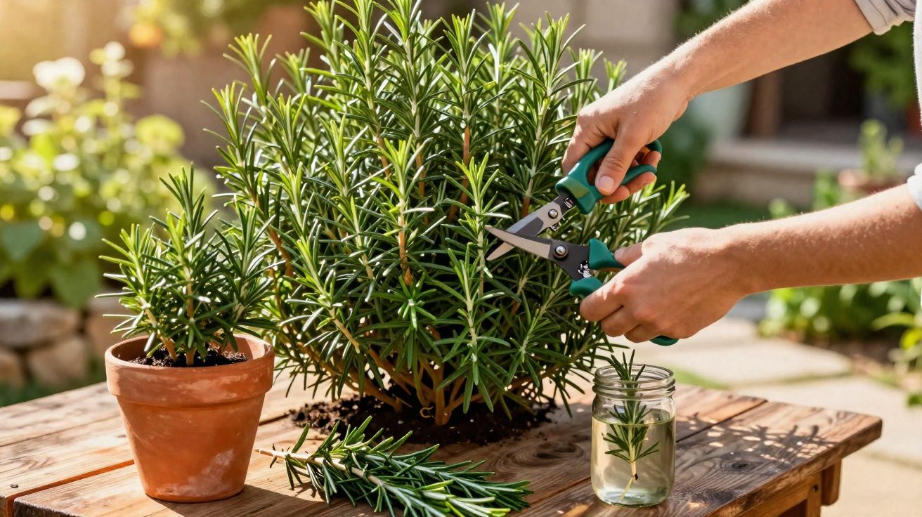 Mãos a podar raminhos verdes de alecrim, com tesoura de jardinagem, sobre mesa de madeira ao ar livre.