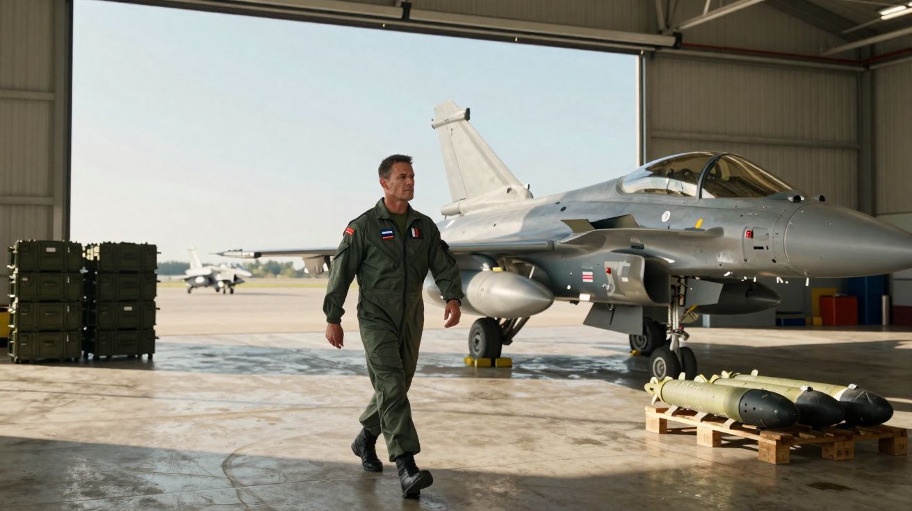Piloto militar em uniforme verde anda no interior de hangar próximo a avião de caça e bombas no chão.