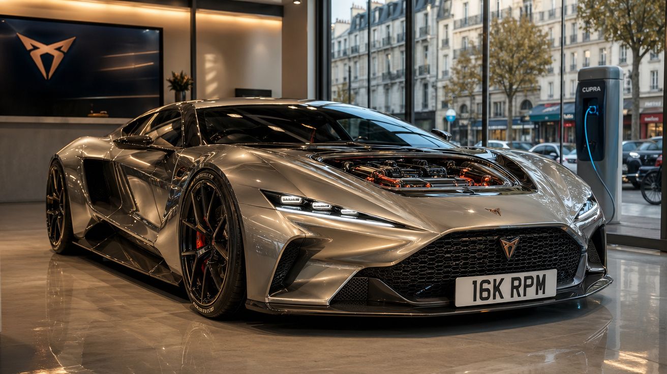 Carro desportivo elétrico prata com capô transparente, exposto numa loja moderna com carregador elétrico Cupra.