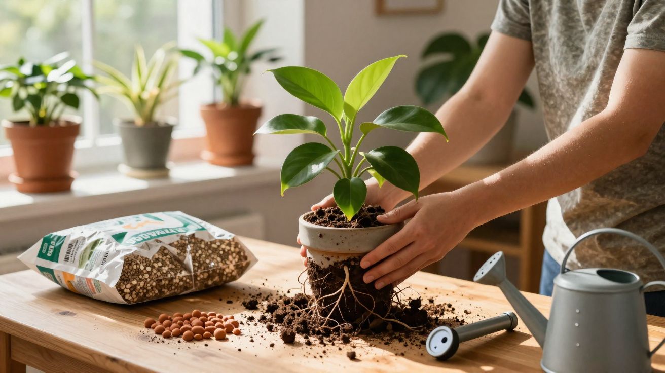 Pessoa a transplantar planta com terra e vasos sobre mesa de madeira junto a janela com luz natural.