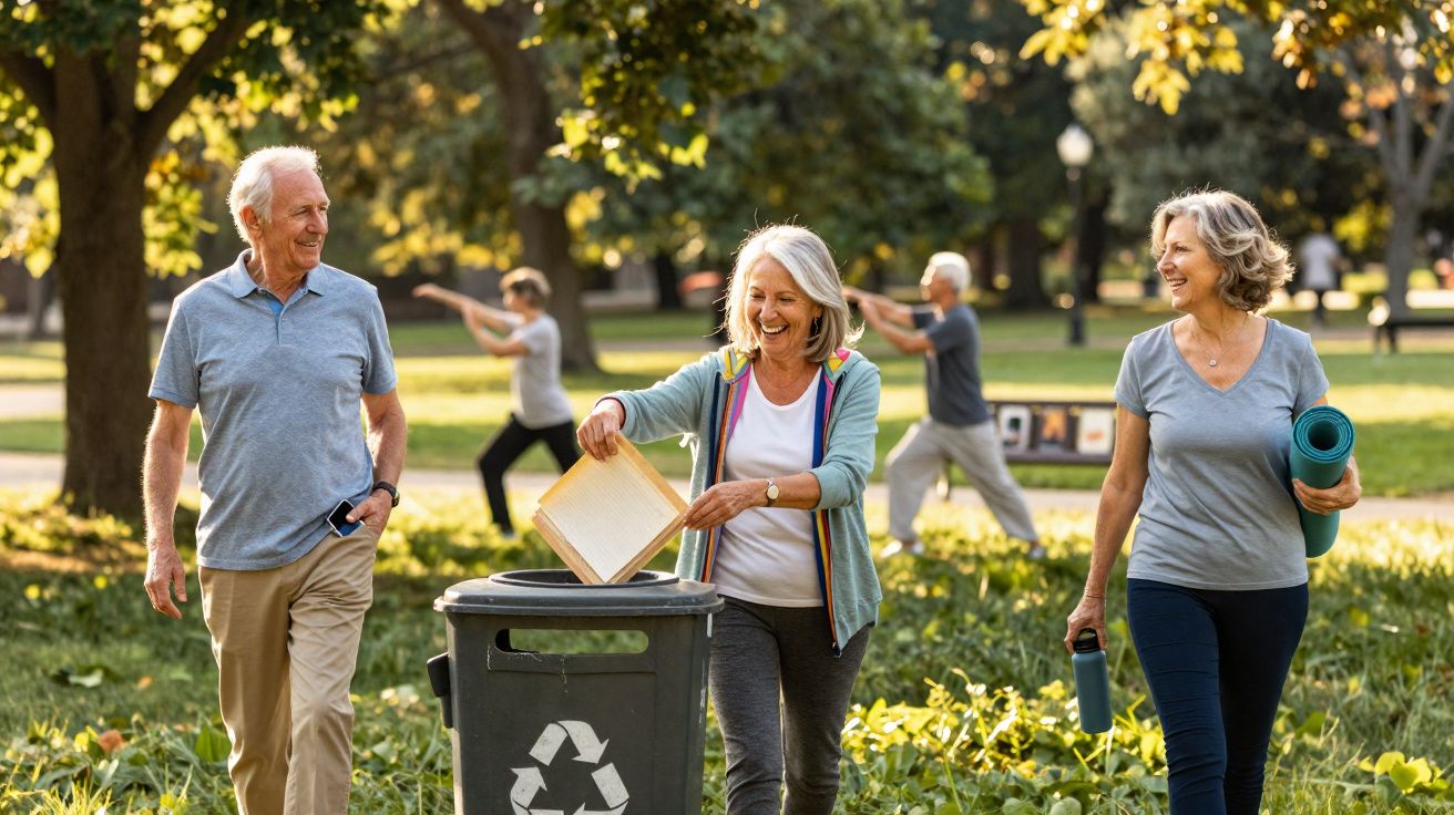 Três seniores a caminhar num parque, uma mulher a colocar papel num caixote do lixo para reciclagem.
