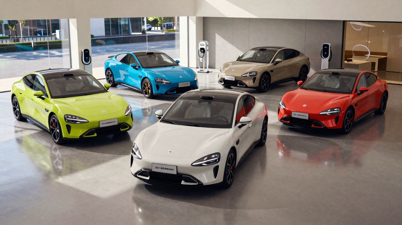 Cinco carros elétricos de várias cores expostos numa sala moderna com carregadores de veículos na parede.