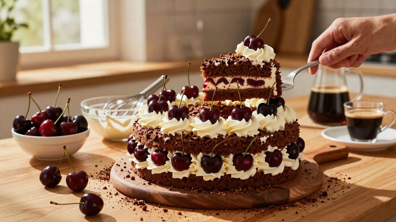 Bolo de chocolate com chantilly e cerejas, fatia a ser servida numa cozinha iluminada.