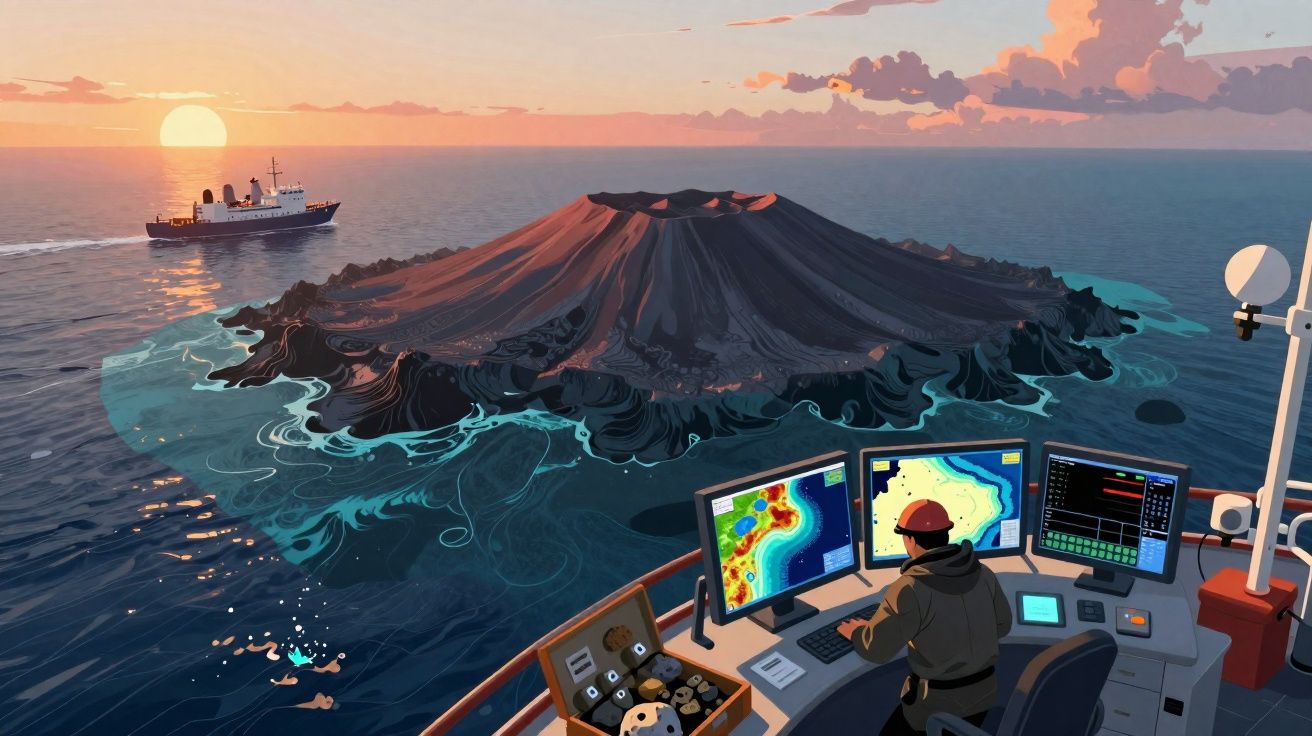 Ilustração de vulcão submerso ao pôr do sol com barco e homem a monitorizar dados num navio.