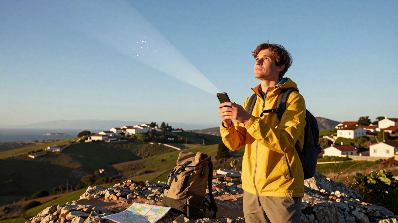 Jovem com fato amarelo usa smartphone em paisagem rural com mochila e mapa sobre pedra ao pôr do sol.