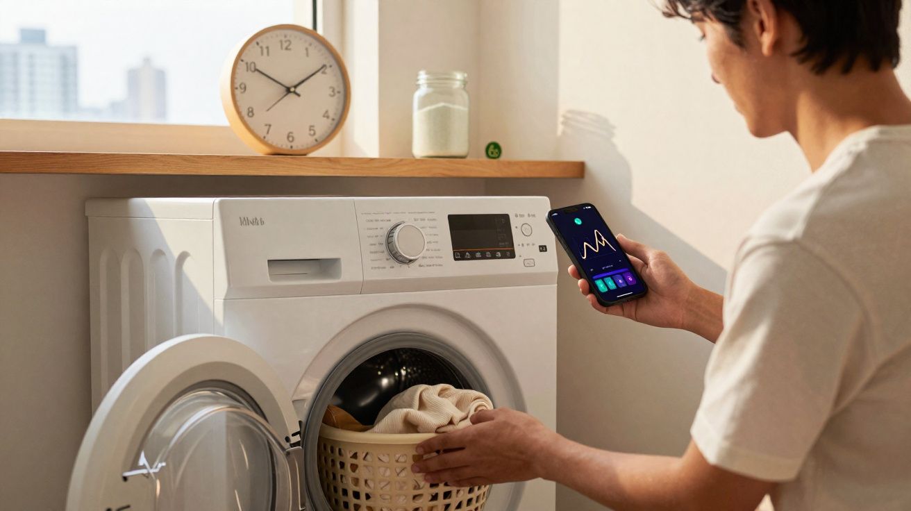 Pessoa a usar smartphone para controlar máquina de lavar roupa branca numa lavandaria doméstica.