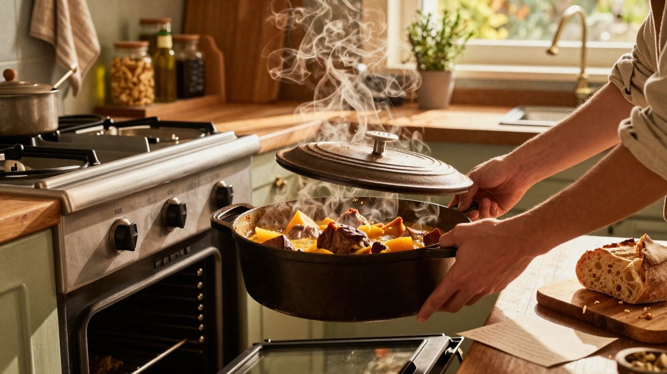 Pessoa a retirar panela a ferver com carne e legumes do forno numa cozinha moderna e iluminada.