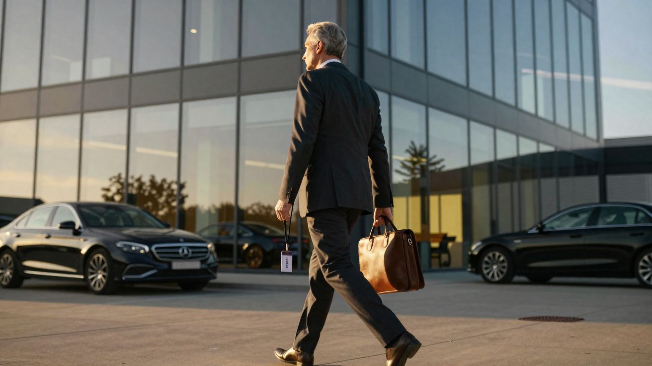 Homem de negócios de fato preto a andar com pasta de pele junto a carros estacionados em frente a edifício moderno.