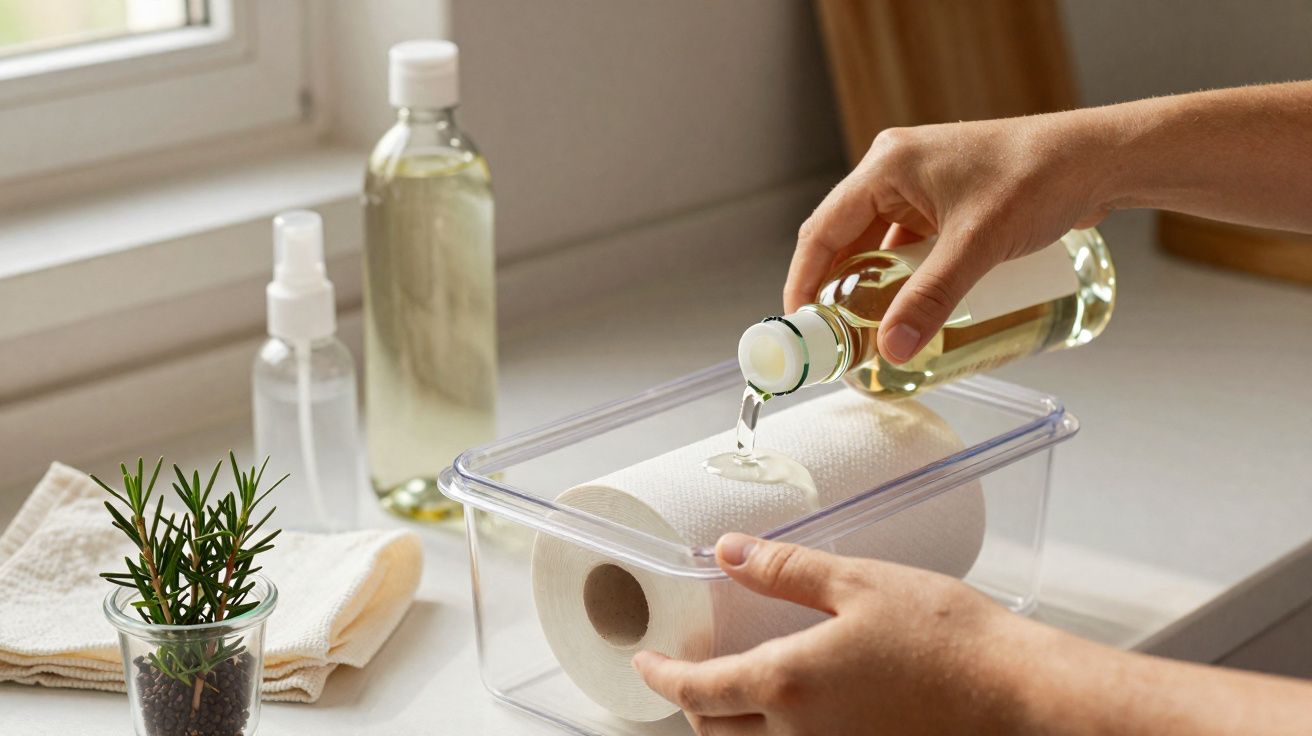 Mãos a despejar líquido numa embalagem com um rolo de papel absorvente na bancada de cozinha.
