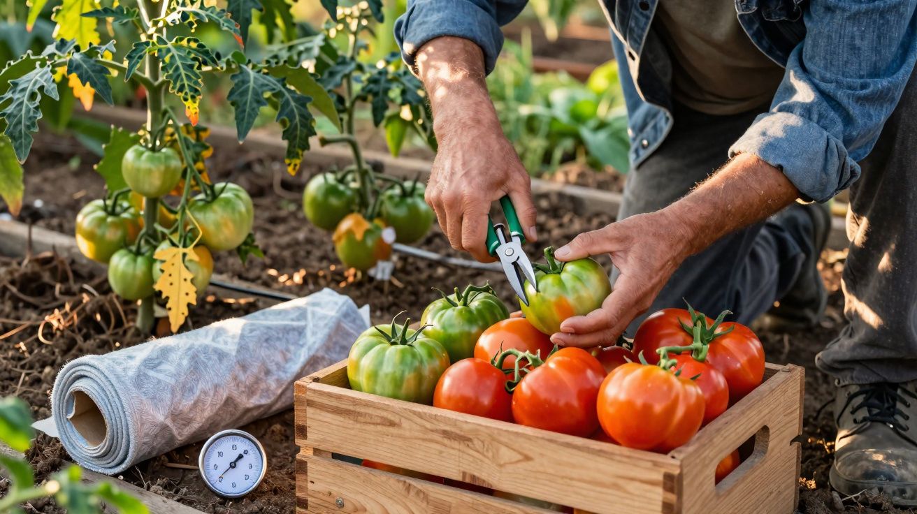 Pessoa colhendo tomates verdes e vermelhos num jardim com caixa de madeira e termómetro no chão.
