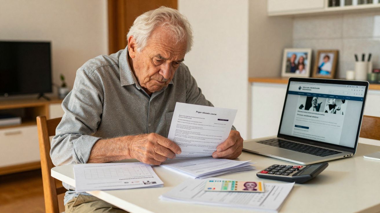 Idoso sentado à mesa a analisar documentos com computador e calculadora à sua frente.